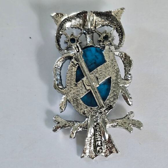 Vintage Gerry's Owl Brooch Women's Silver Faux Turquoise Cabochon Autumn Birding - Picture 4 of 8